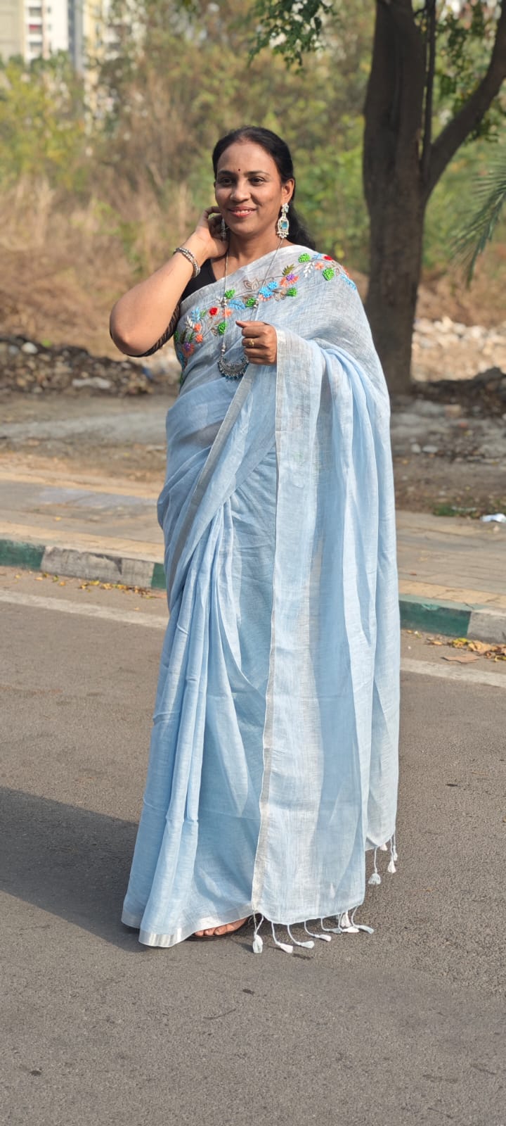 Linen embroidery saree