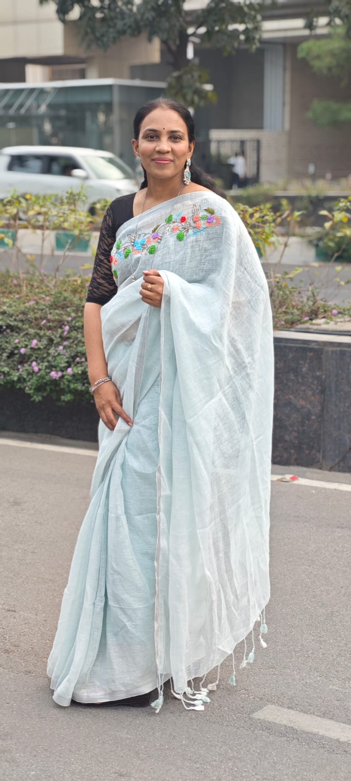Linen embroidery saree