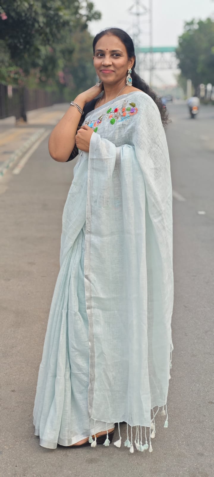 Linen embroidery saree