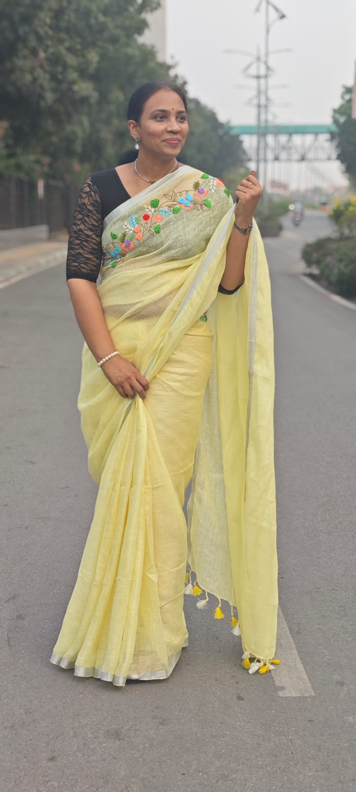 Linen embroidery saree