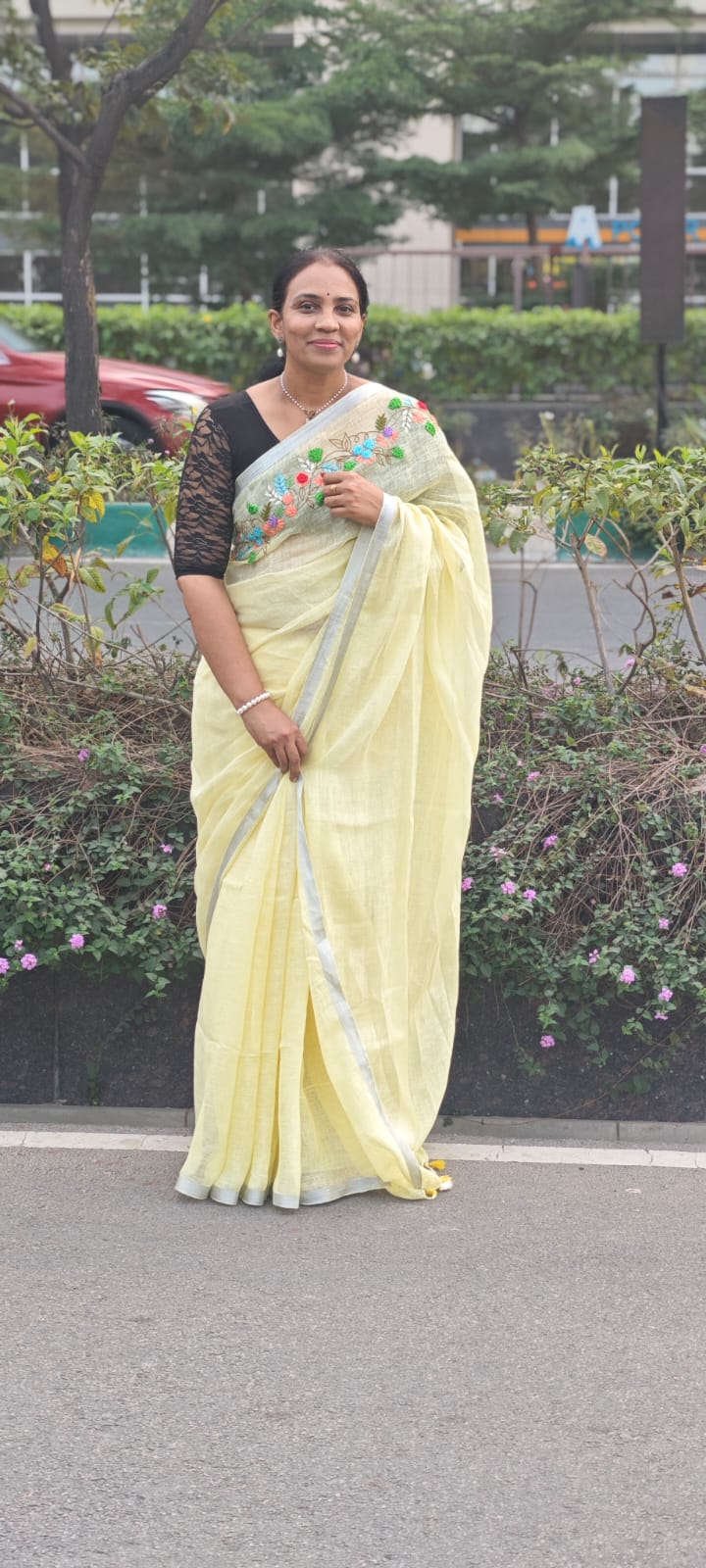 Linen embroidery saree