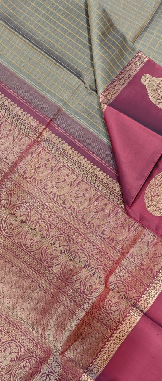 Silver Grey Toned Kattam Pure Kanjivaram Silk Saree