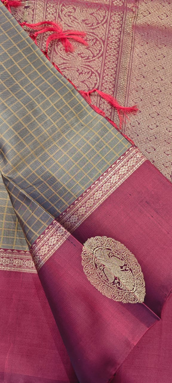 Silver Grey Toned Kattam Pure Kanjivaram Silk Saree