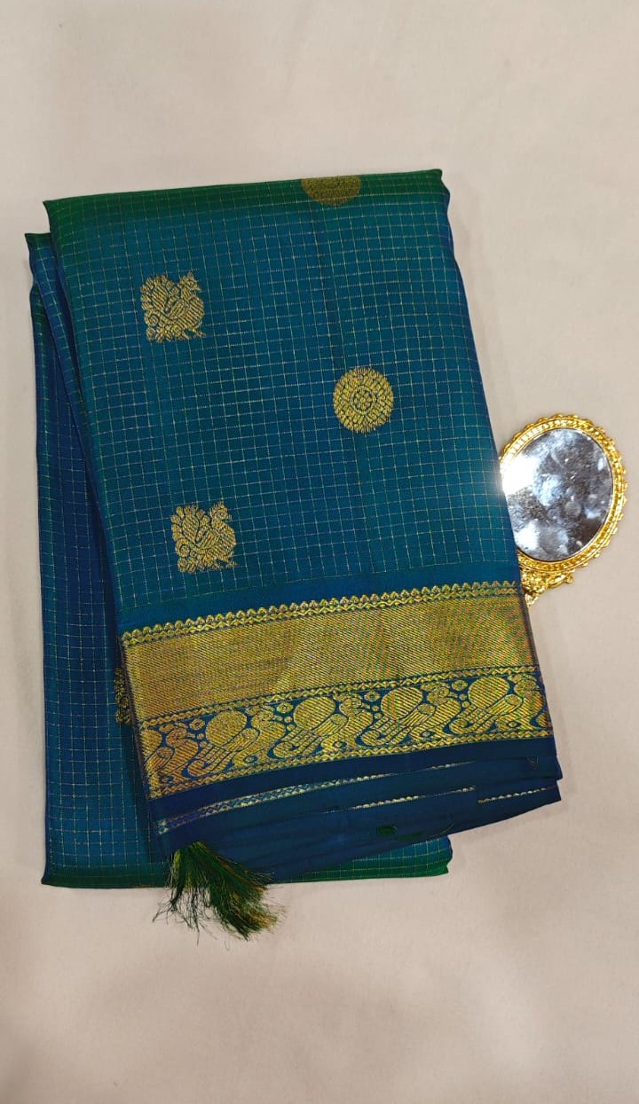 Bluish Green Dual Tone Kattam Pure Kanjivaram Silk Saree