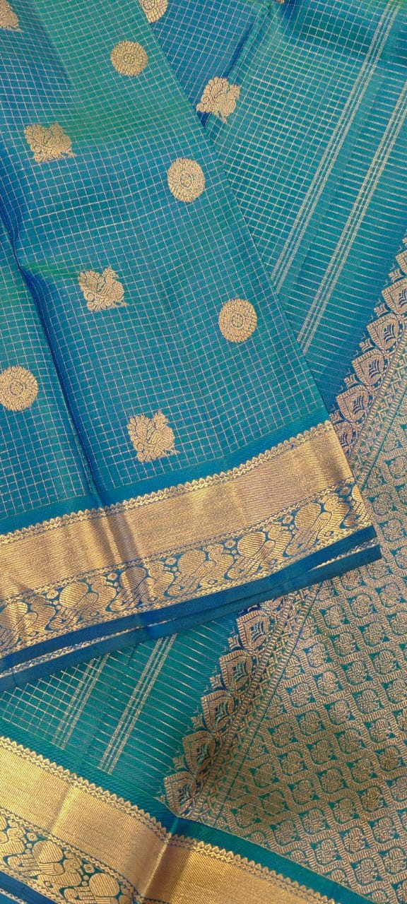 Bluish Green Dual Tone Kattam Pure Kanjivaram Silk Saree