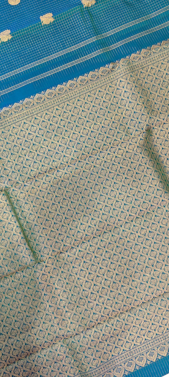 Bluish Green Dual Tone Kattam Pure Kanjivaram Silk Saree