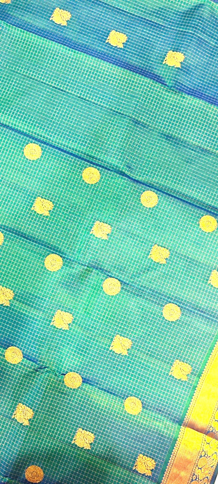 Bluish Green Dual Tone Kattam Pure Kanjivaram Silk Saree