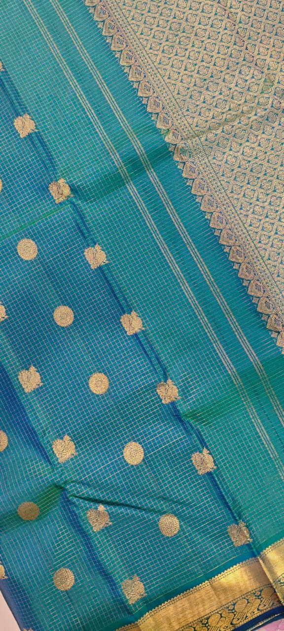 Bluish Green Dual Tone Kattam Pure Kanjivaram Silk Saree