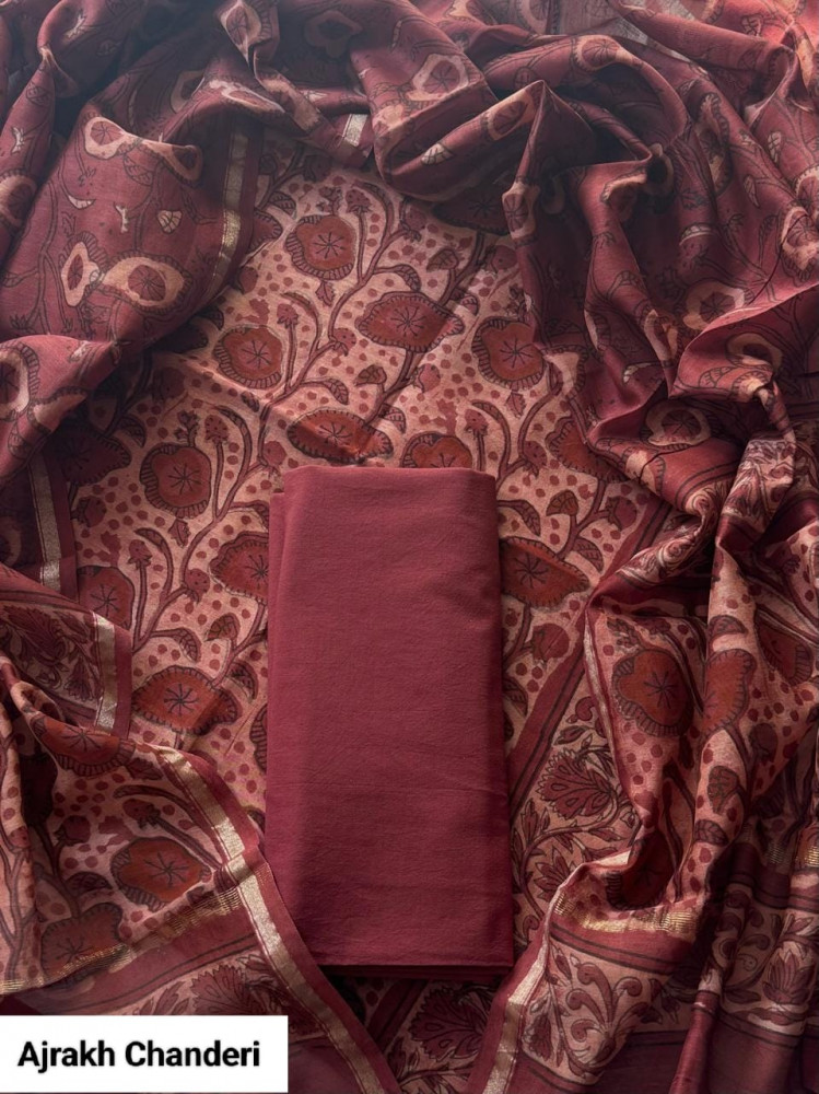 Image of Handcrafted Ajrakh Print Chanderi Silk Cotton Suit Set