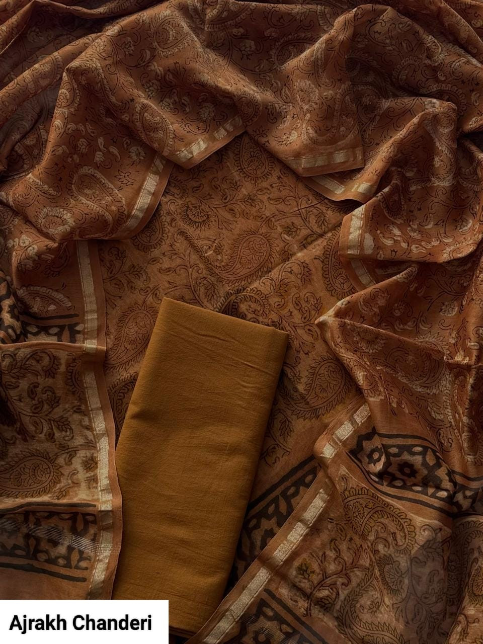 Handcrafted Ajrakh Print Chanderi Silk Cotton Suit Set