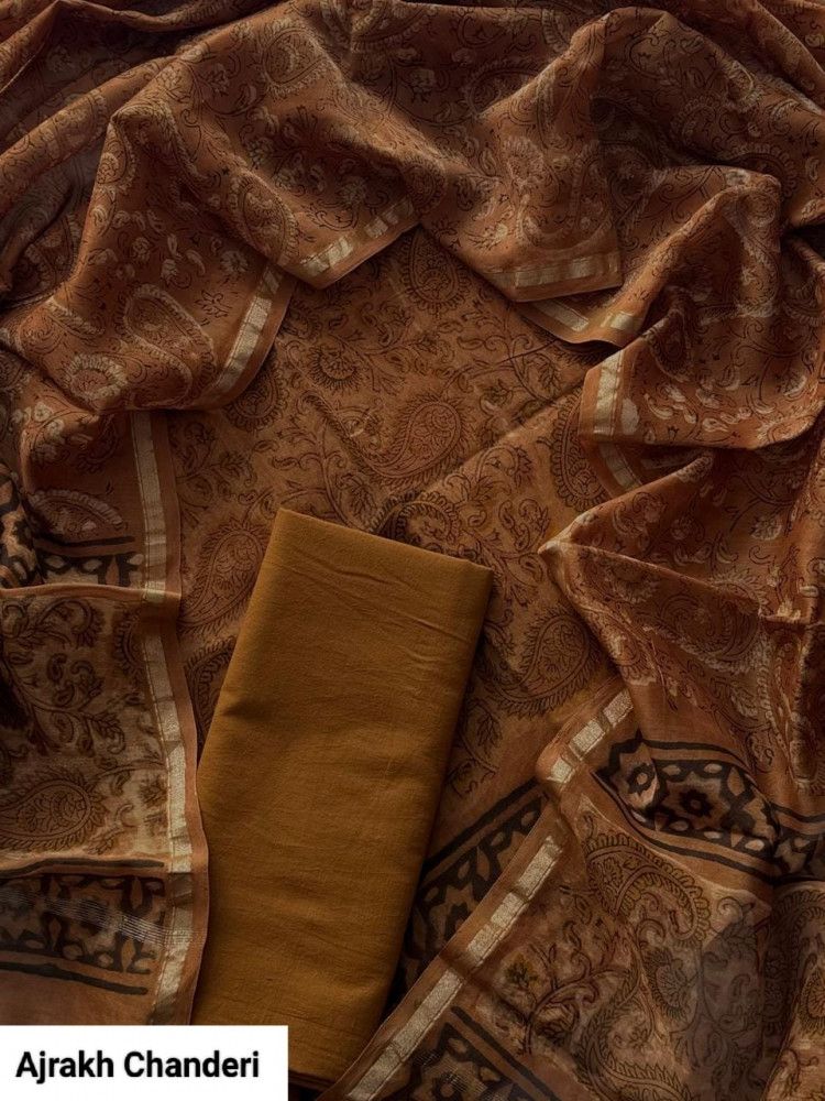 Image of Handcrafted Ajrakh Print Chanderi Silk Cotton Suit Set