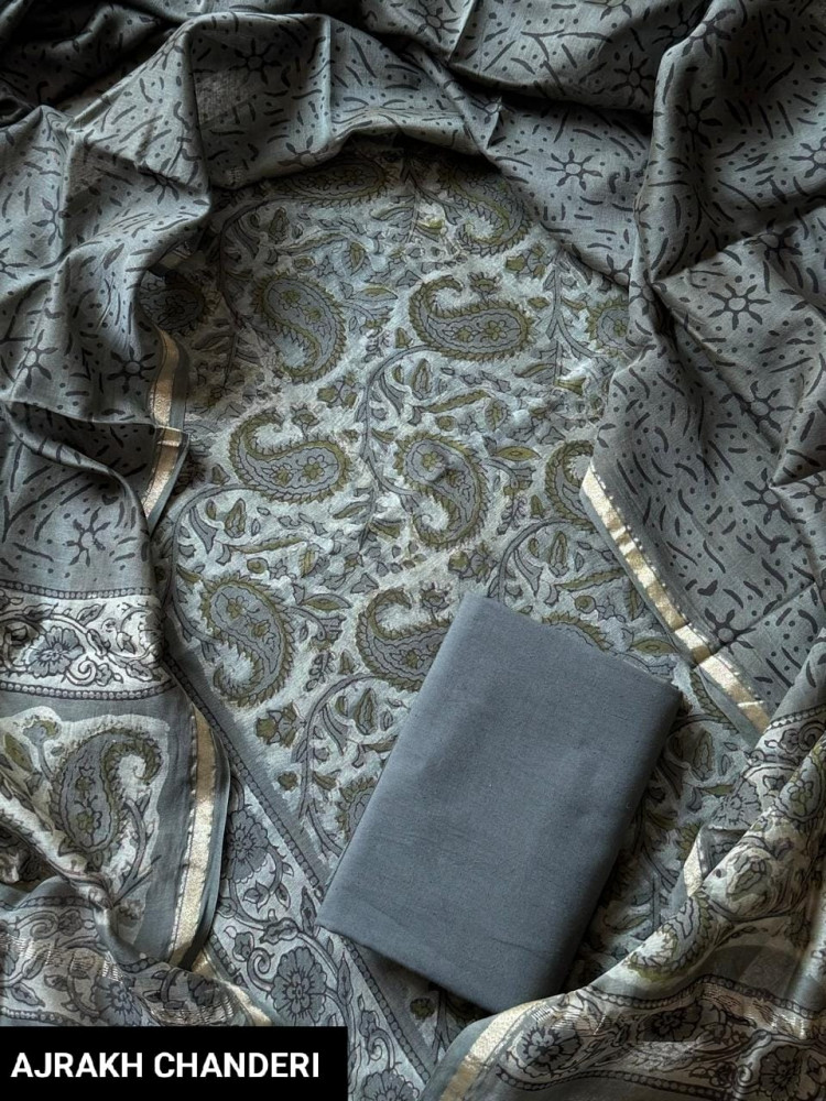 Image of Handcrafted Ajrakh Print Chanderi Silk Cotton Suit Set