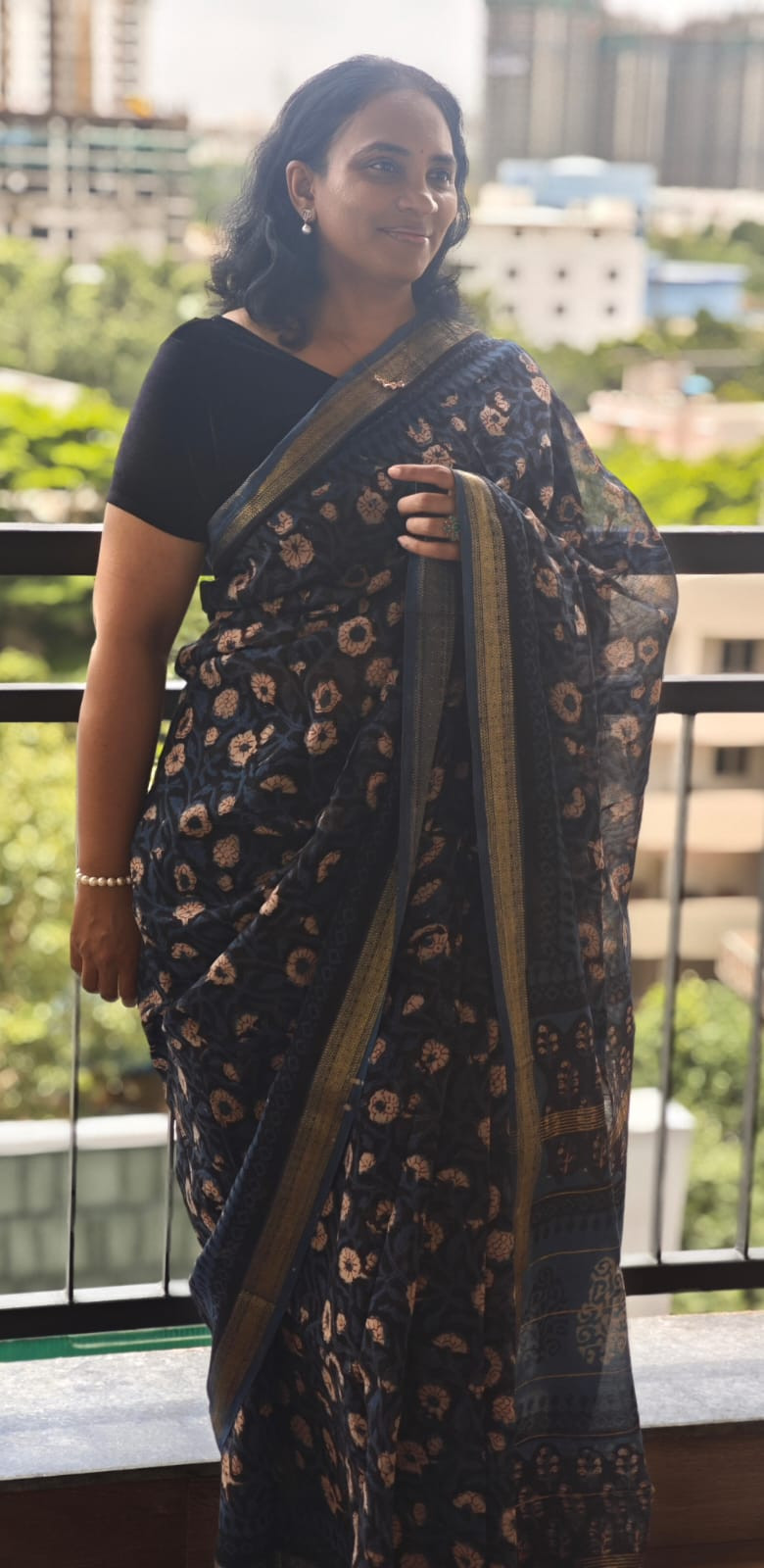 Hand Block Printed Maheshwari silk cotton saree