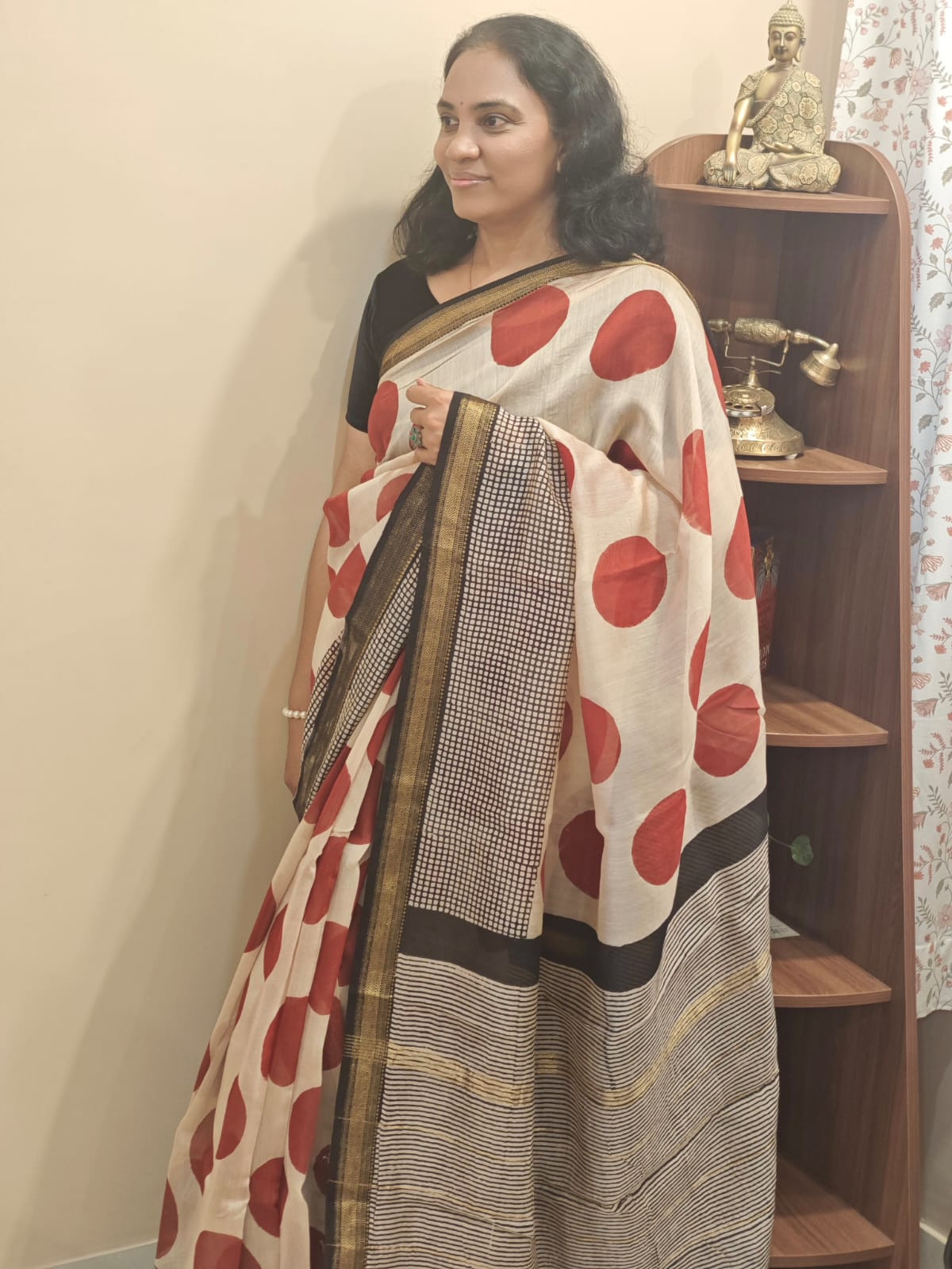 Hand Block Printed Maheshwari silk cotton saree