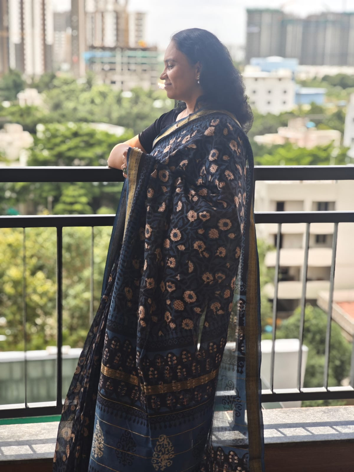 Hand Block Printed Maheshwari silk cotton saree