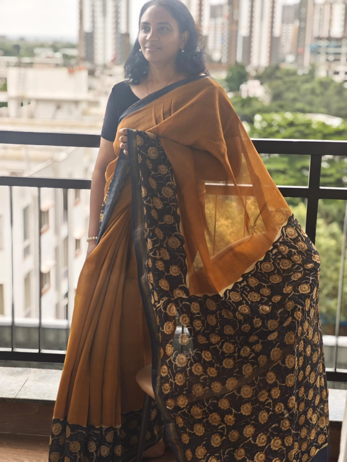 Hand Block Printed Maheshwari silk cotton saree