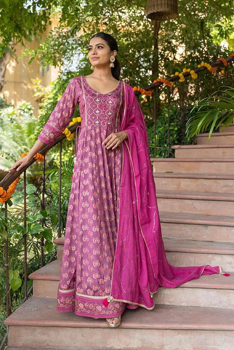 ONION PINK MUSLIN ANARKALI STYLE GOWN SET