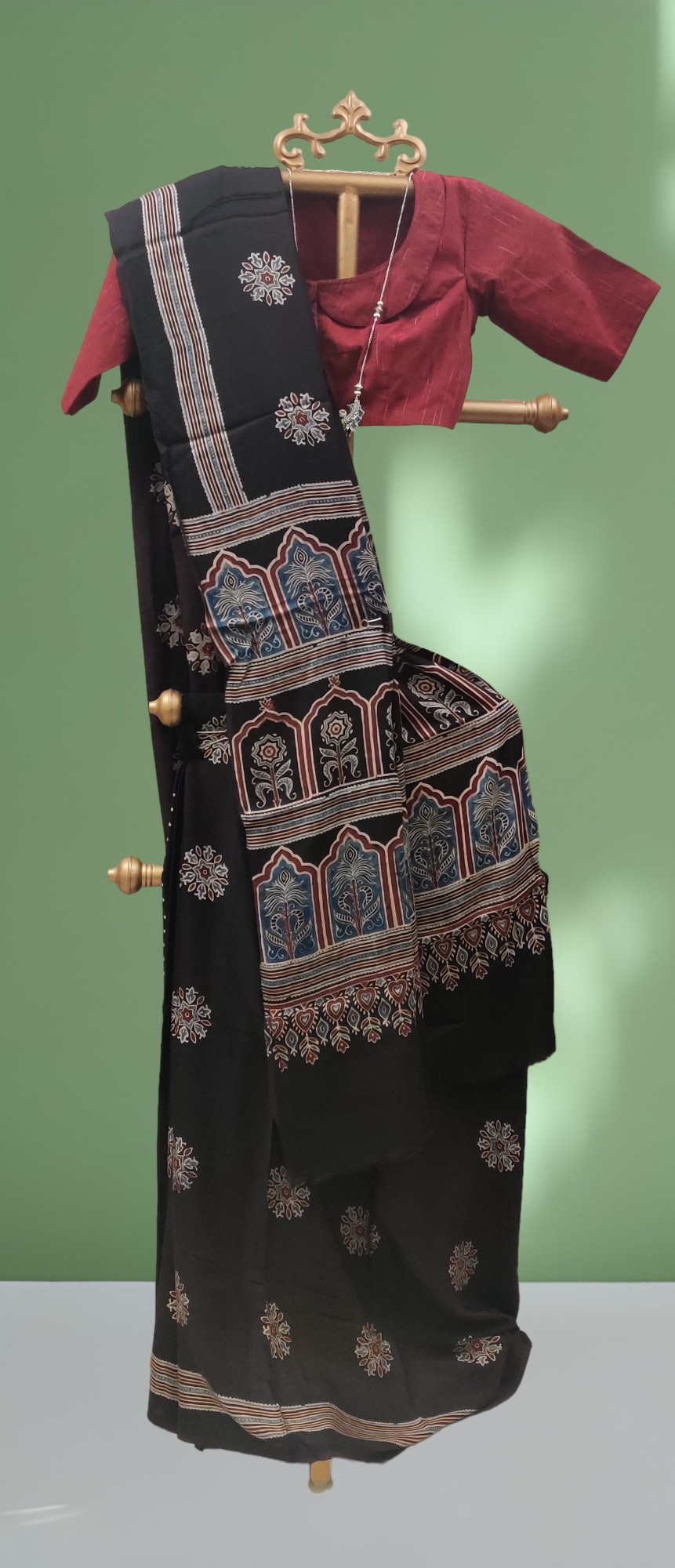 Ajrakh Handblock Printed modal silk saree