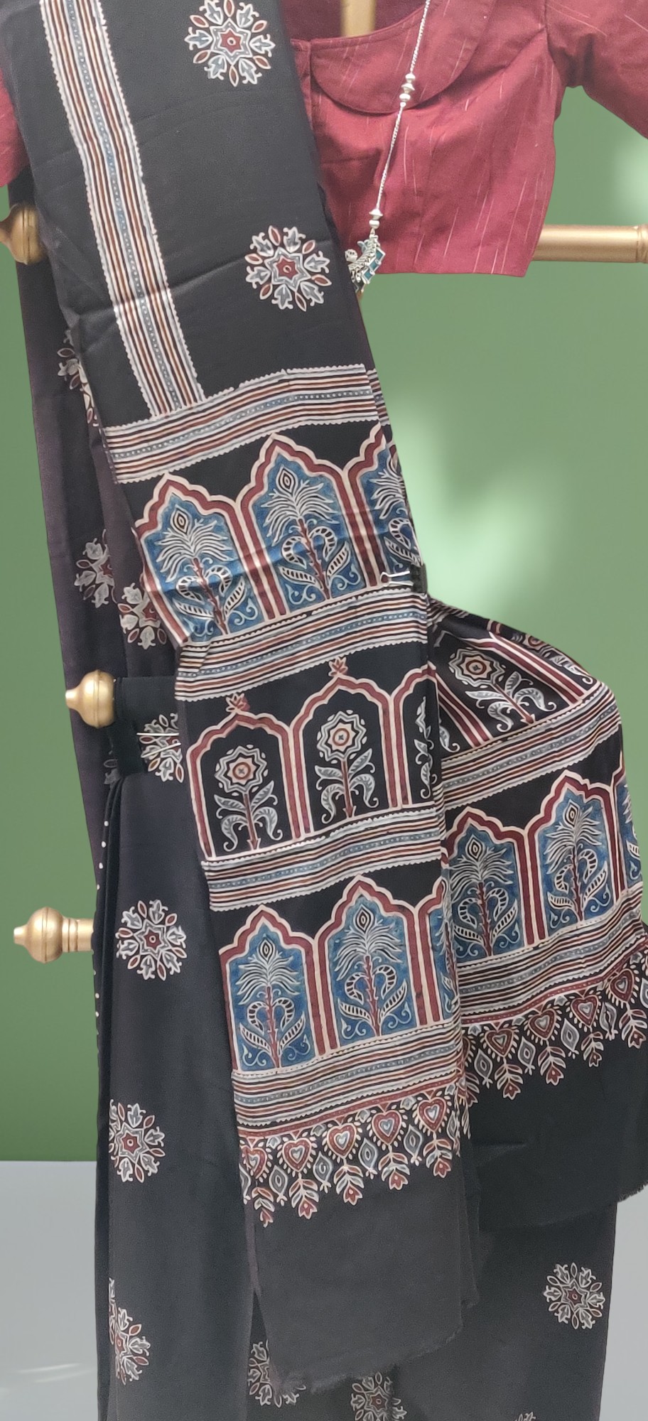 Ajrakh Handblock Printed modal silk saree