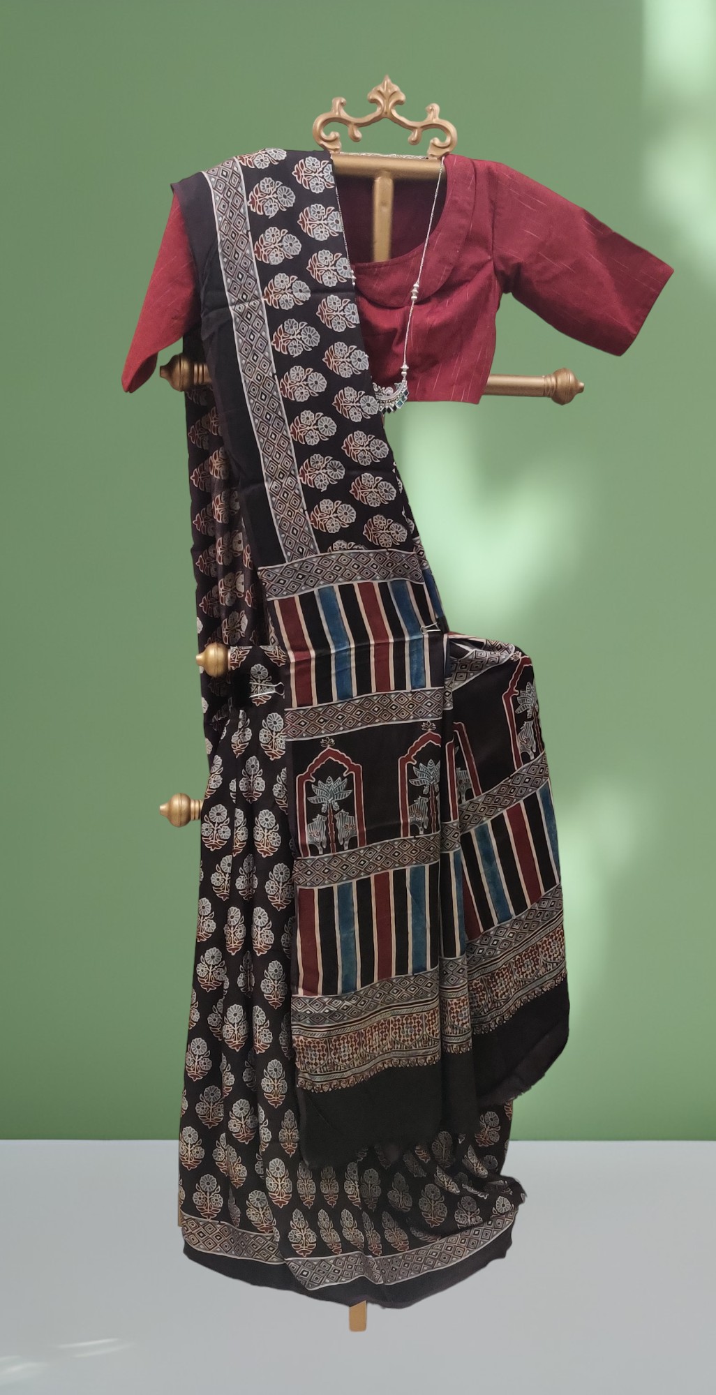 Ajrakh Handblock Printed modal silk saree