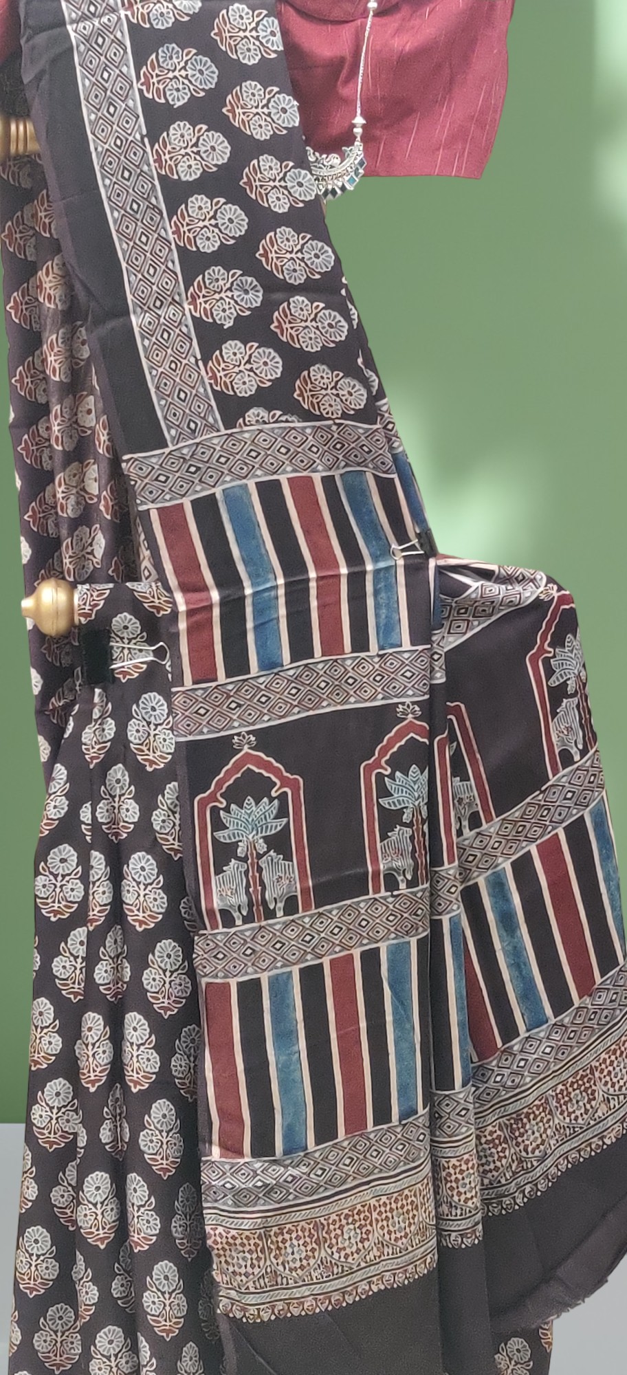 Ajrakh Handblock Printed modal silk saree