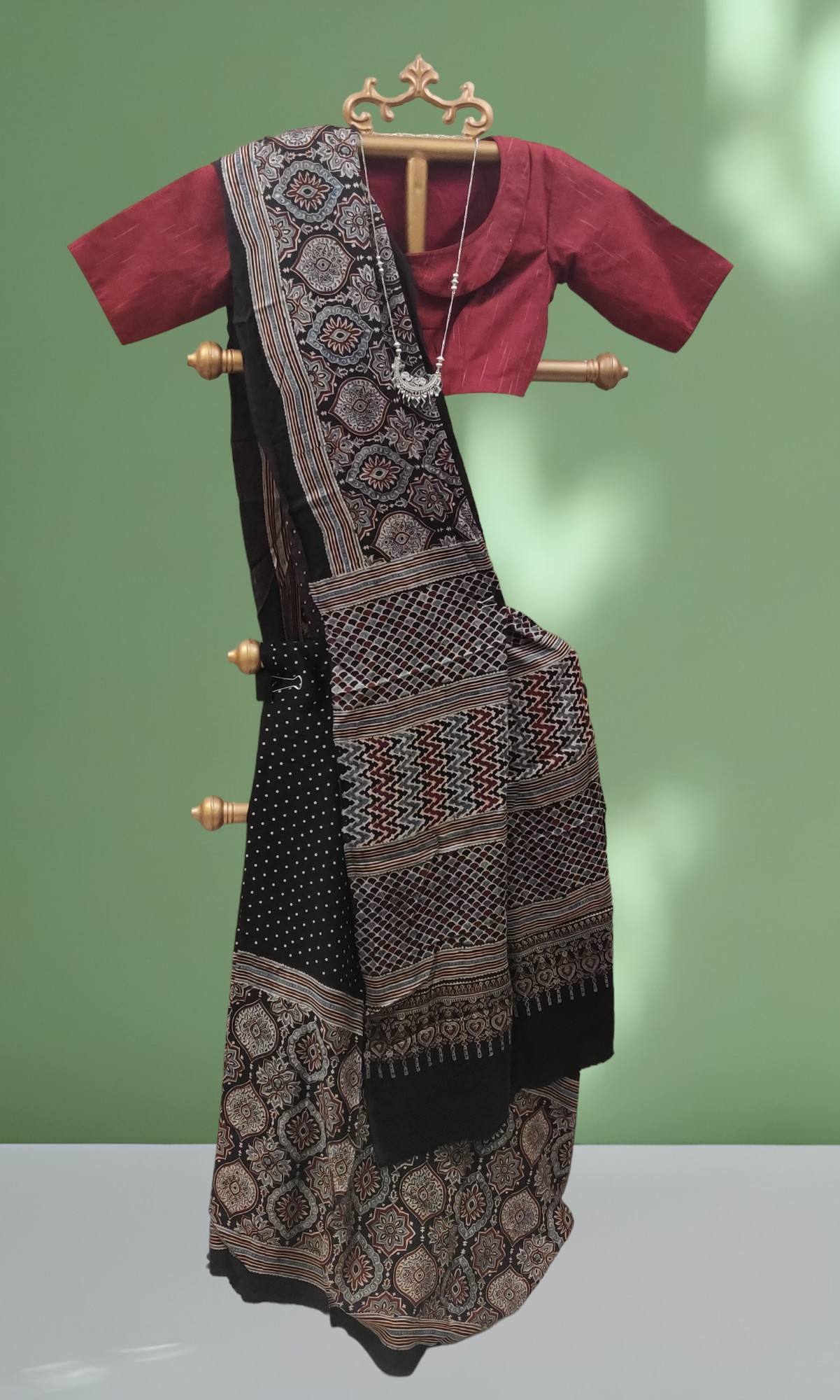 Ajrakh Handblock Printed modal silk saree