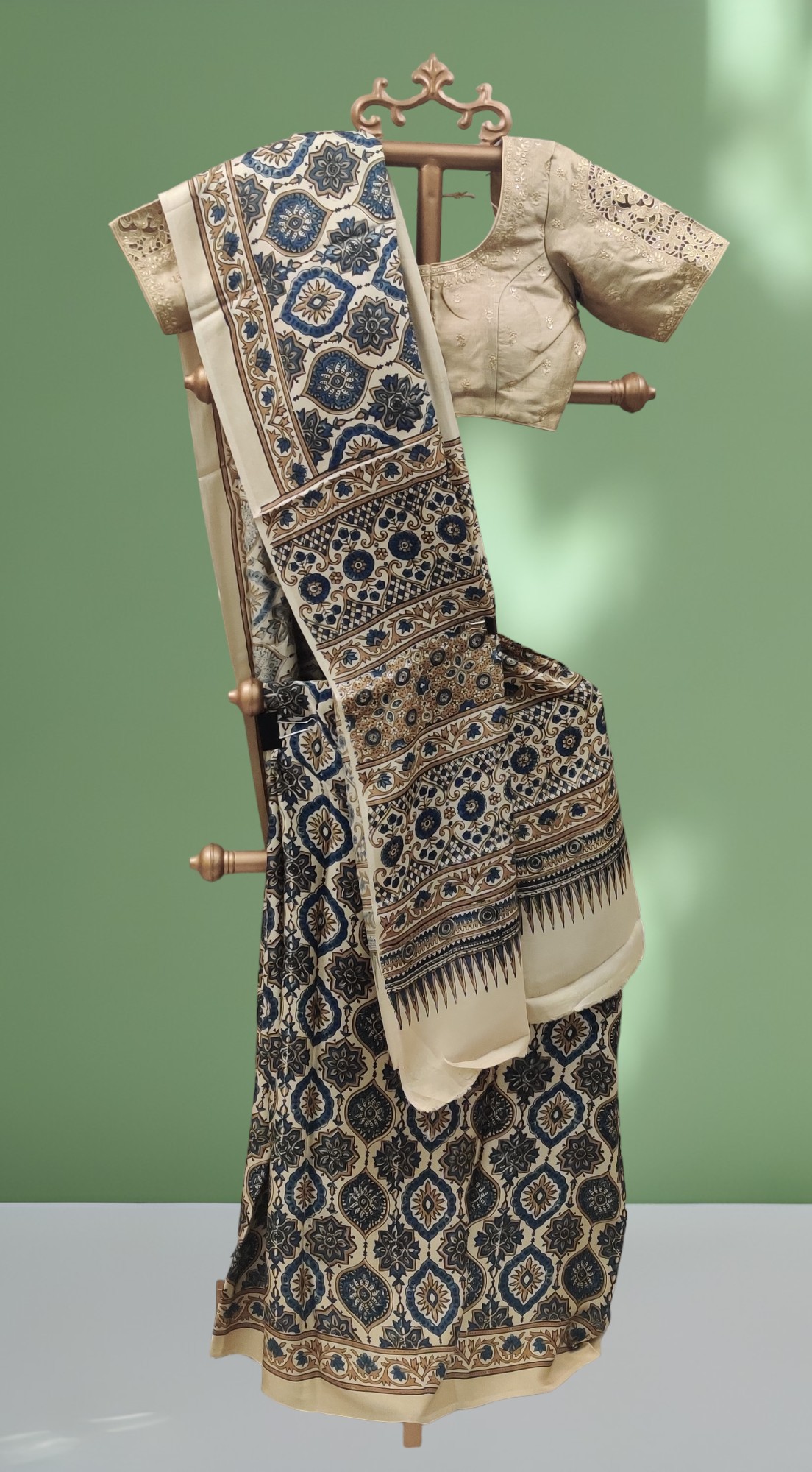 Ajrakh Handblock Printed modal silk saree