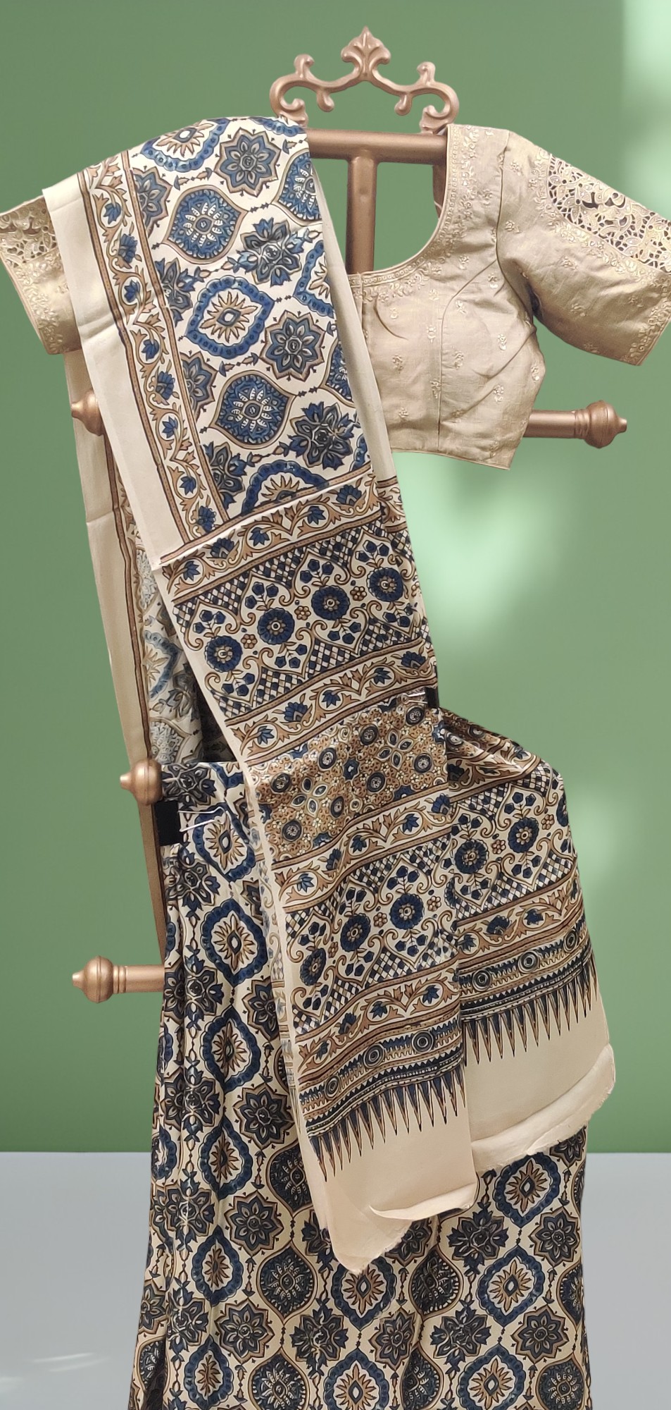 Ajrakh Handblock Printed modal silk saree