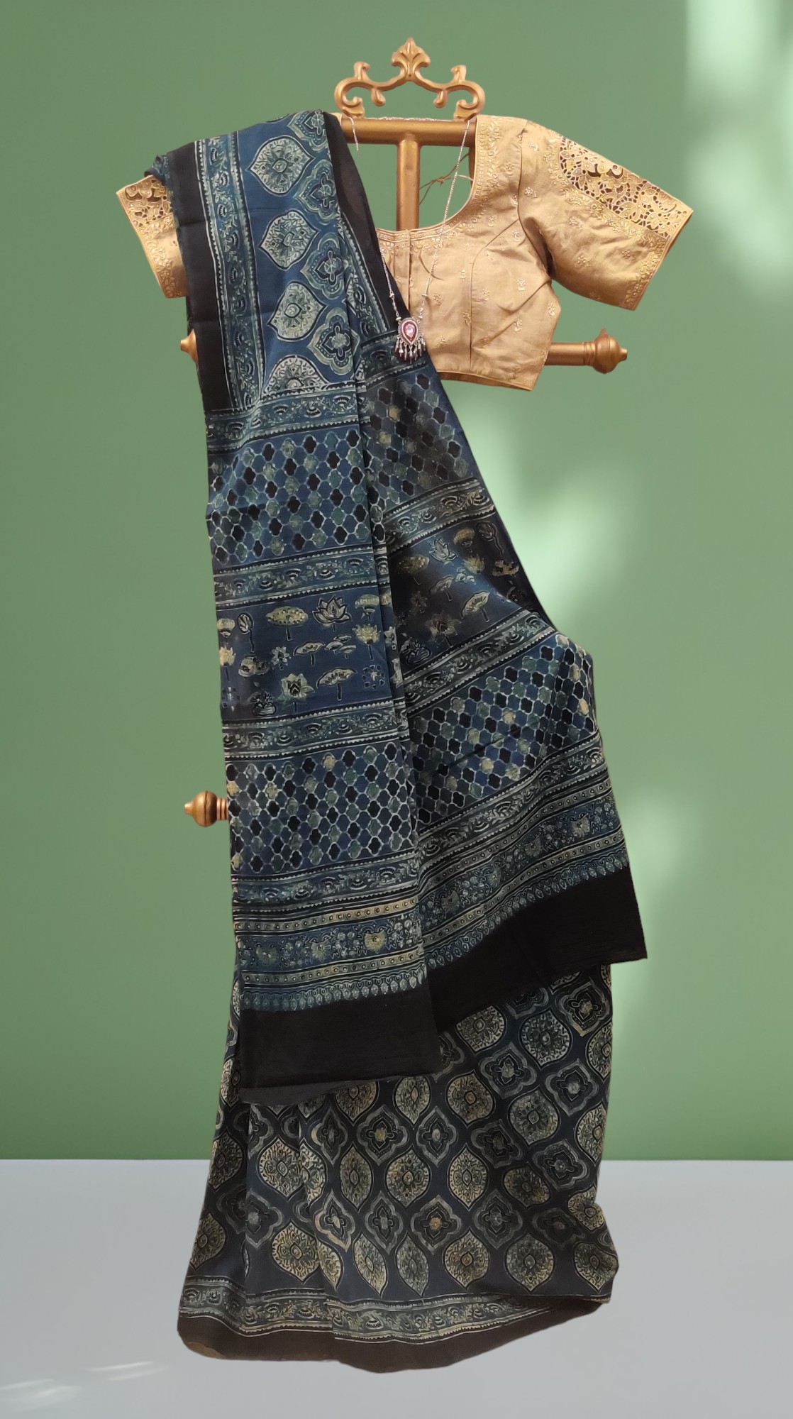 Ajrakh Handblock Printed Natural Dyed Mul Cotton Saree