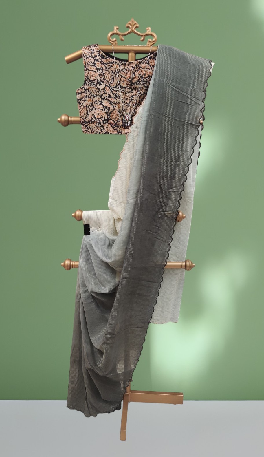 Mul cotton saree with zari stripes and scalloped edges