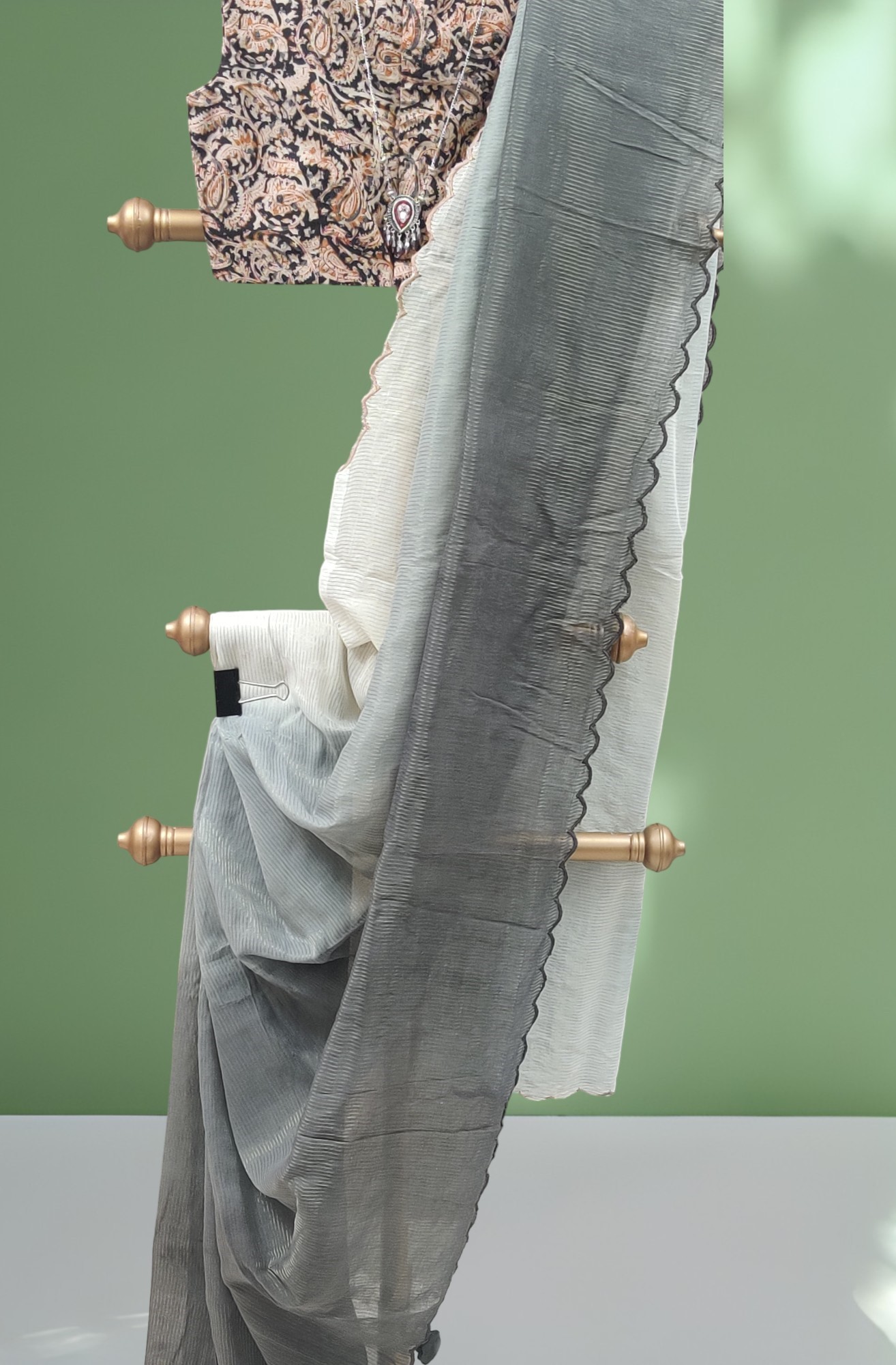 Mul cotton saree with zari stripes and scalloped edges