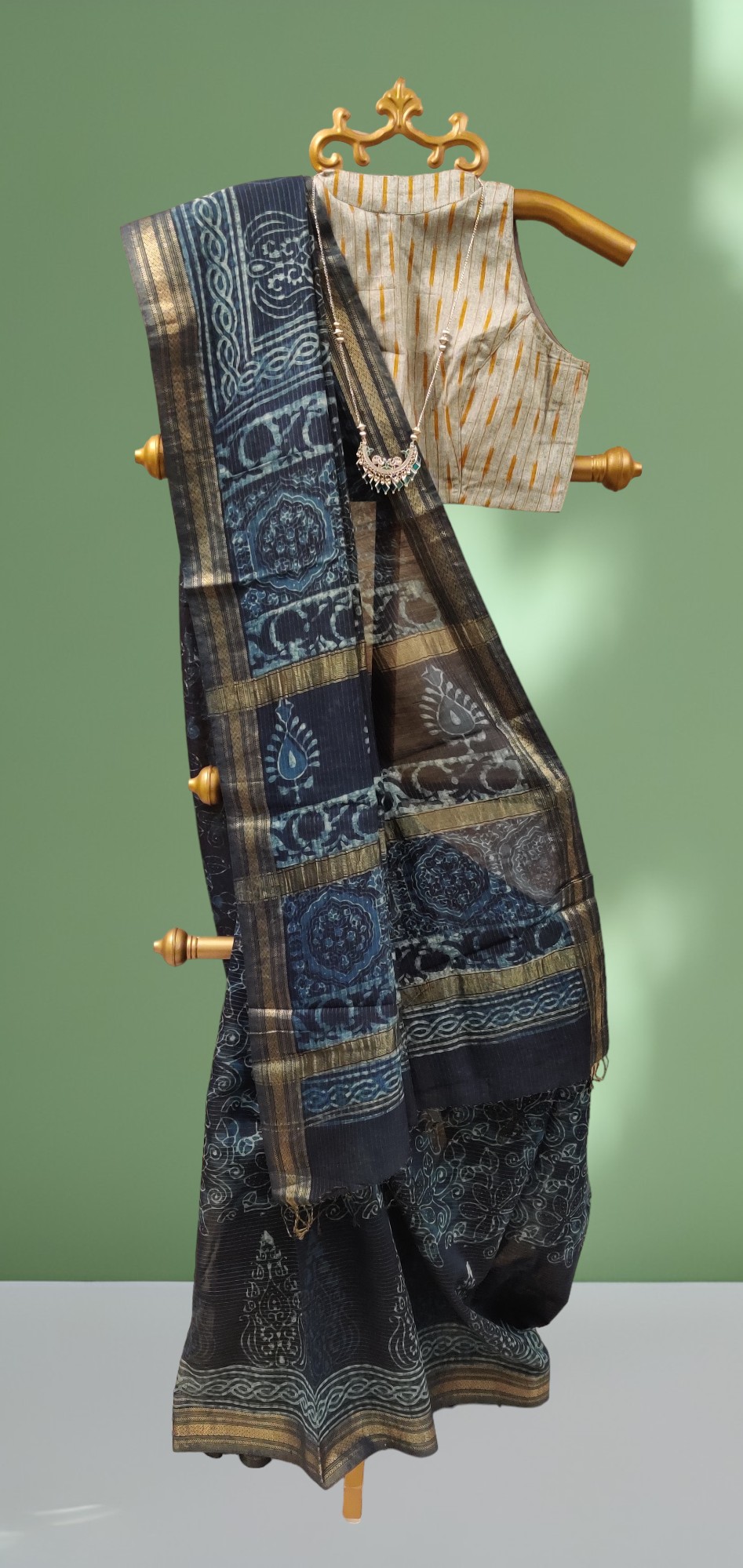 Indigo Block Print Maheshwari Silk Cotton Saree