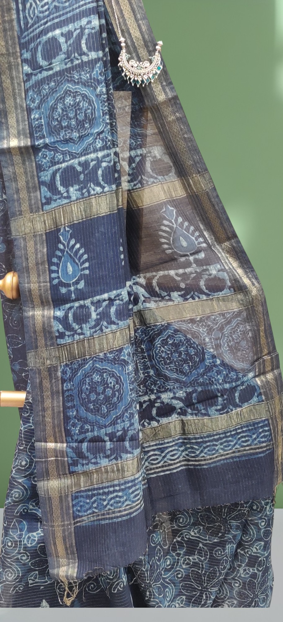 Indigo Block Print Maheshwari Silk Cotton Saree