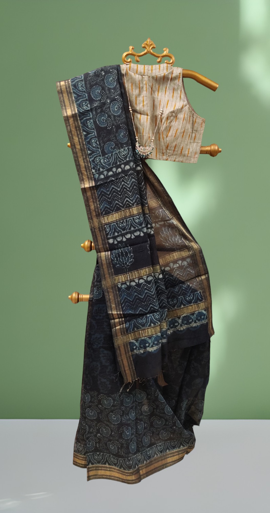 Indigo Block Print Maheshwari Silk Cotton Saree