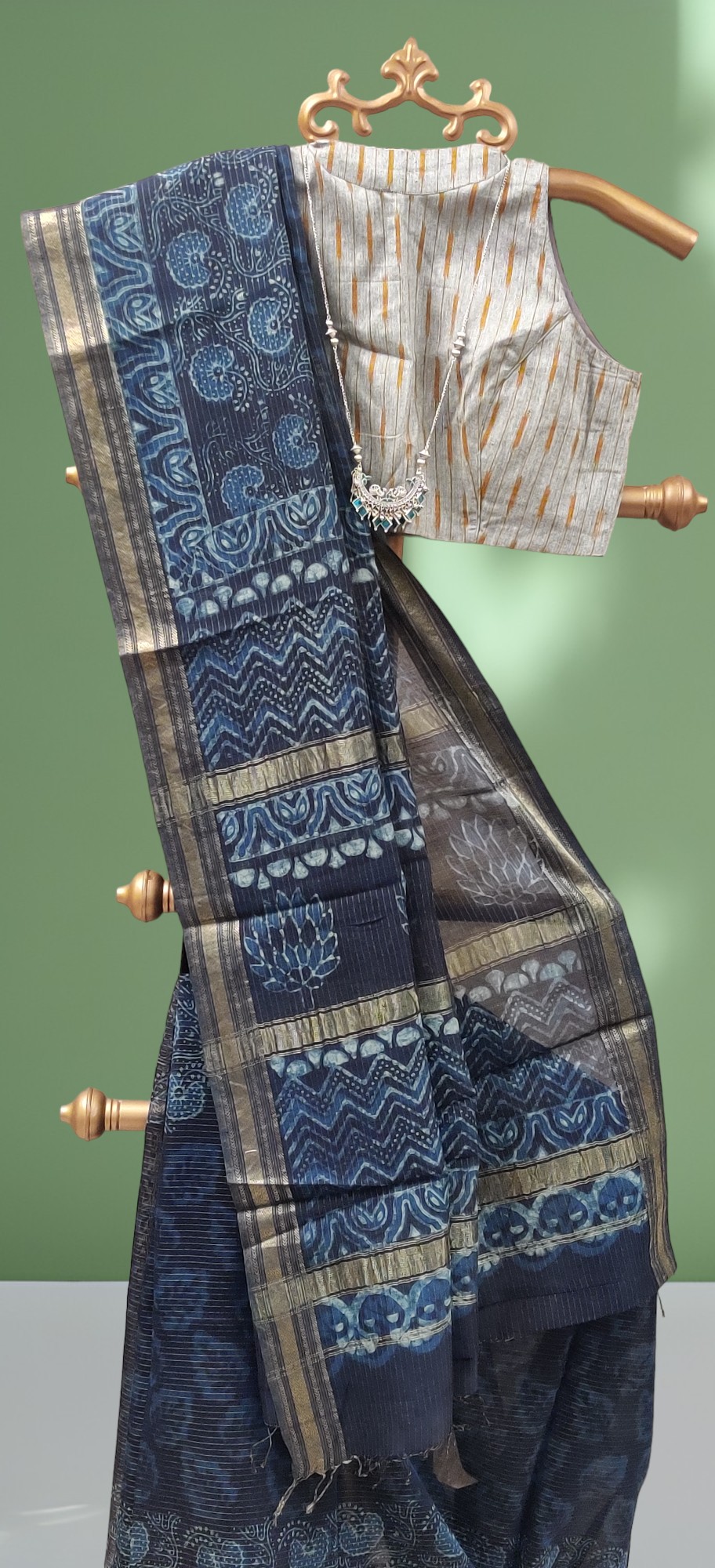 Indigo Block Print Maheshwari Silk Cotton Saree