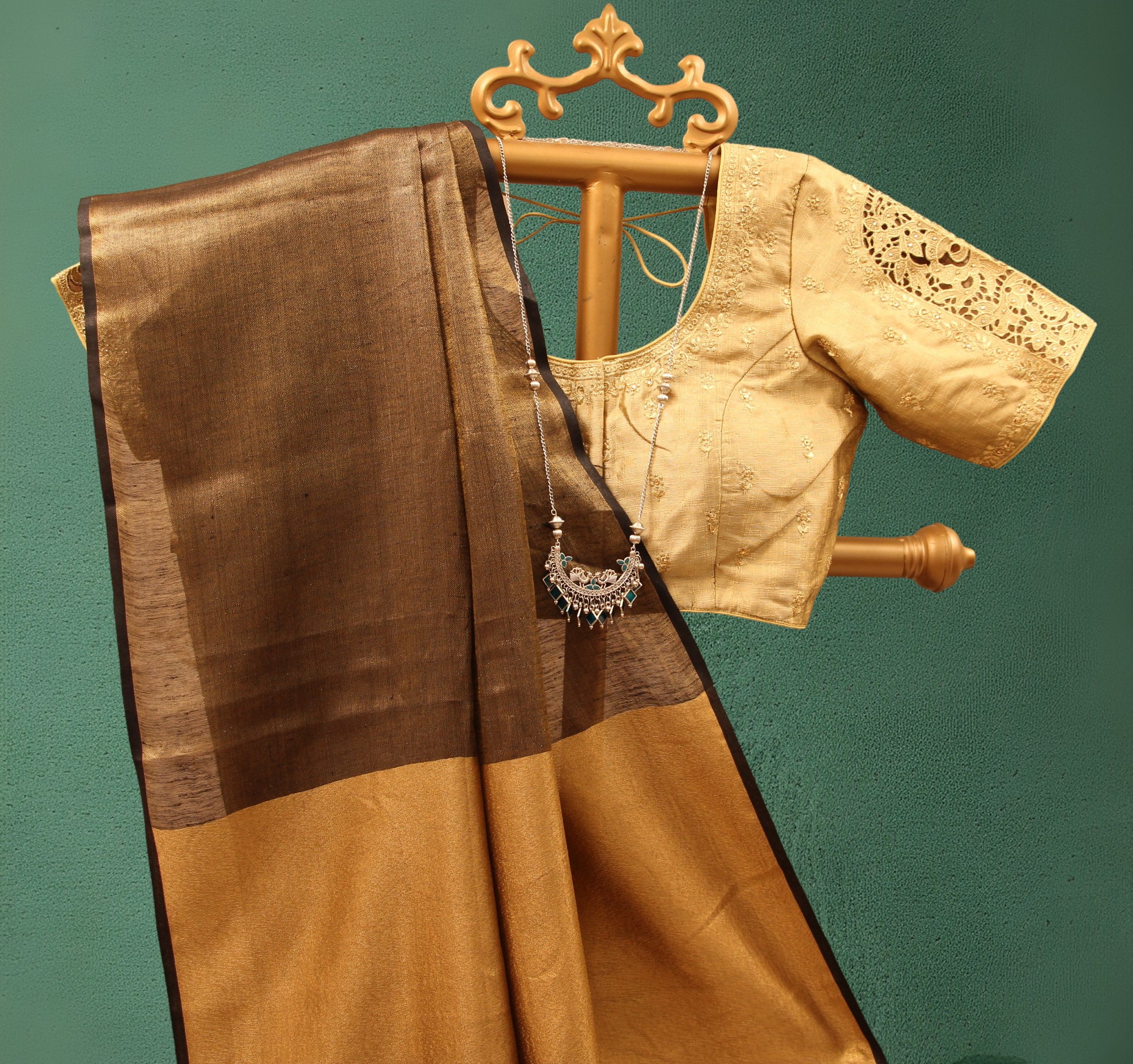 Black golden Tissue Linen Saree
