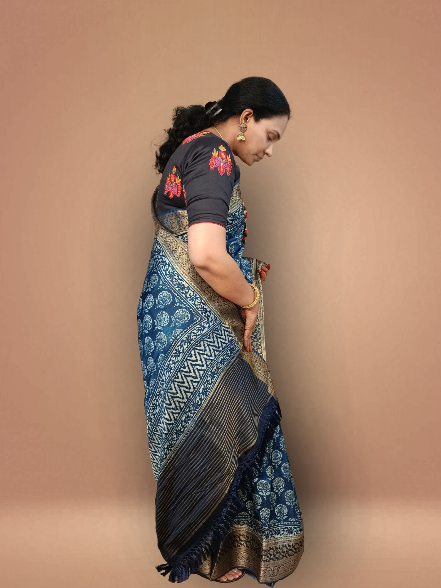 Indigo blue pure kanchi crepe saree