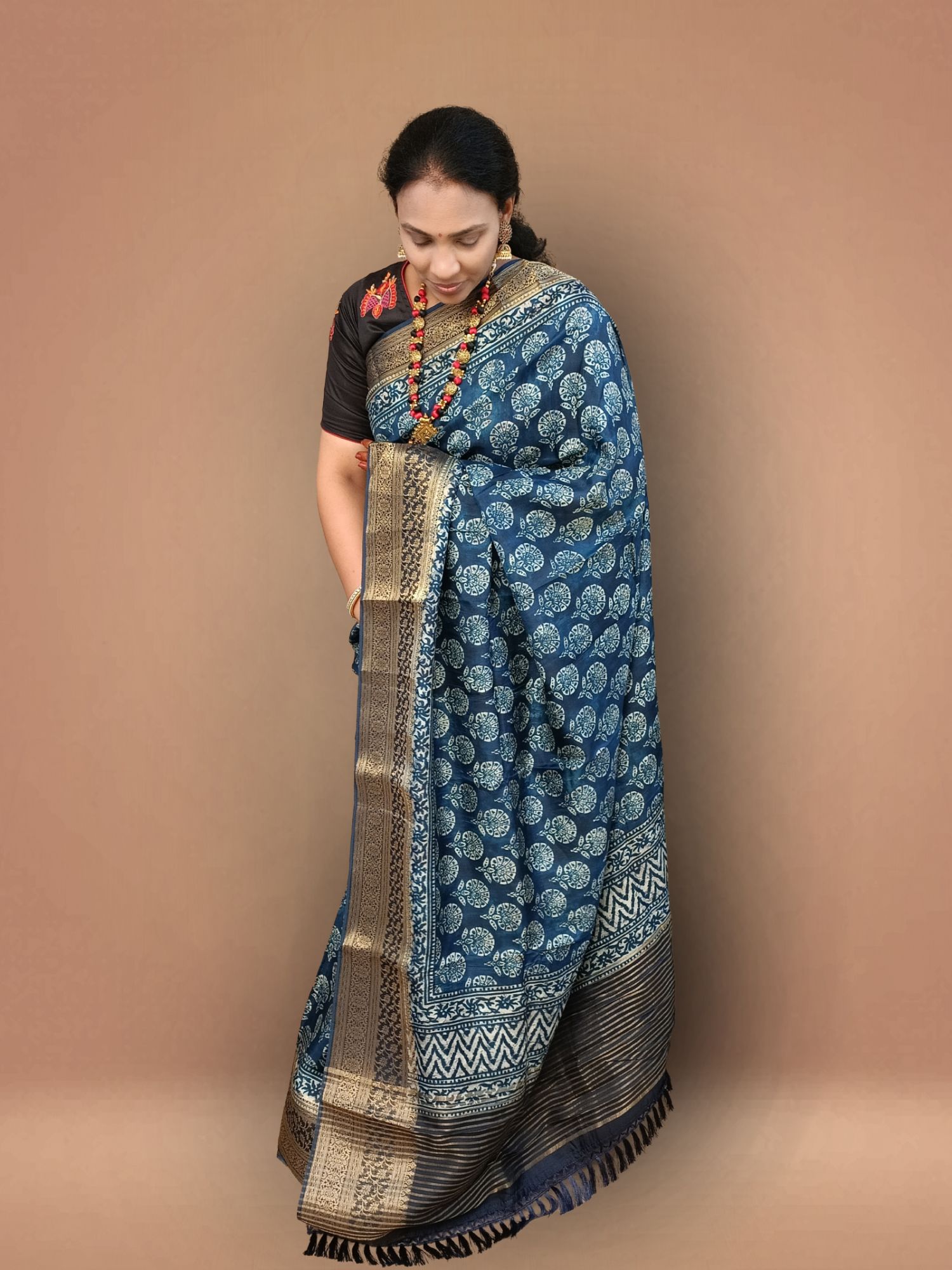 Indigo blue pure kanchi crepe saree