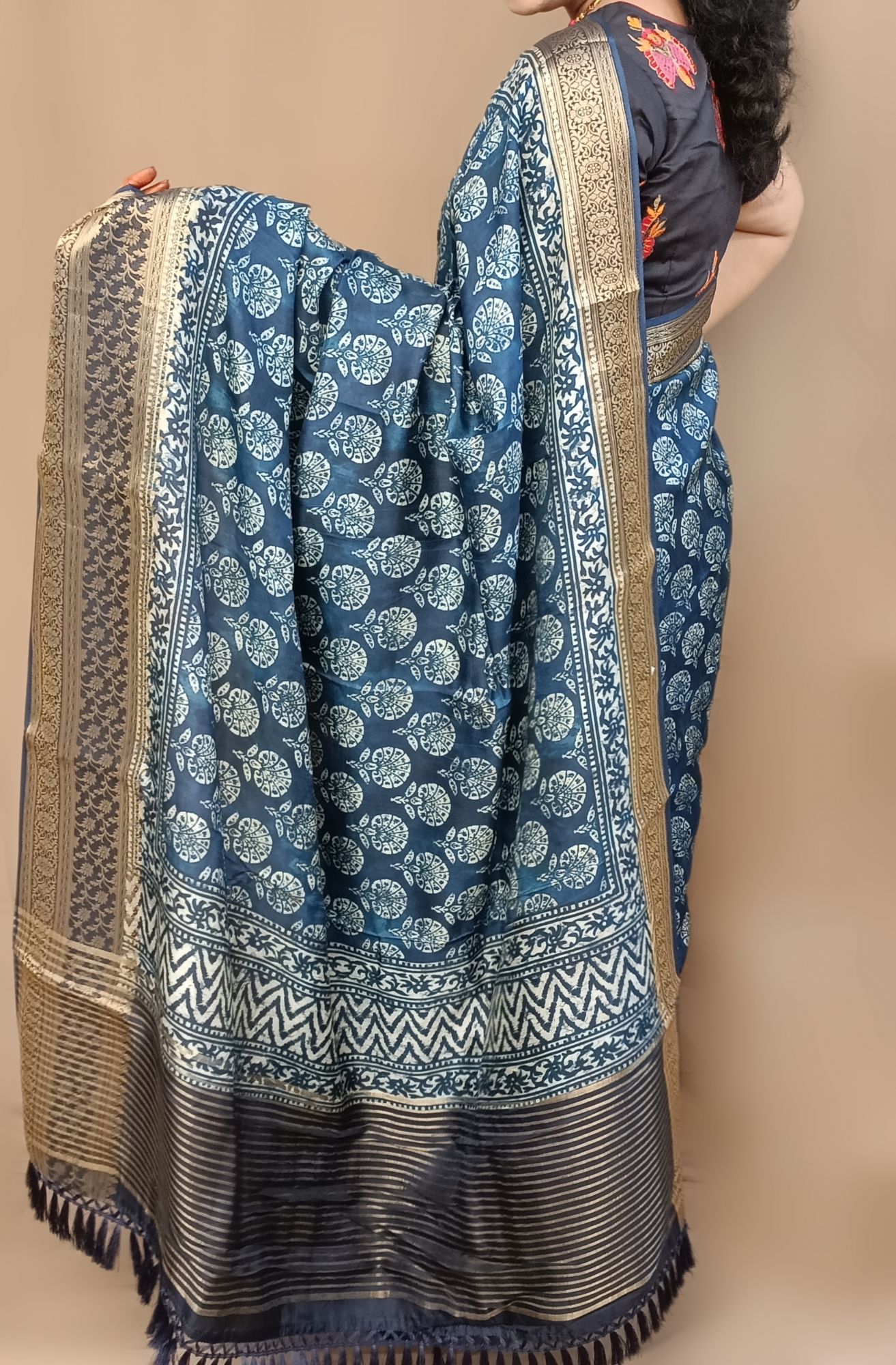 Indigo blue pure kanchi crepe saree
