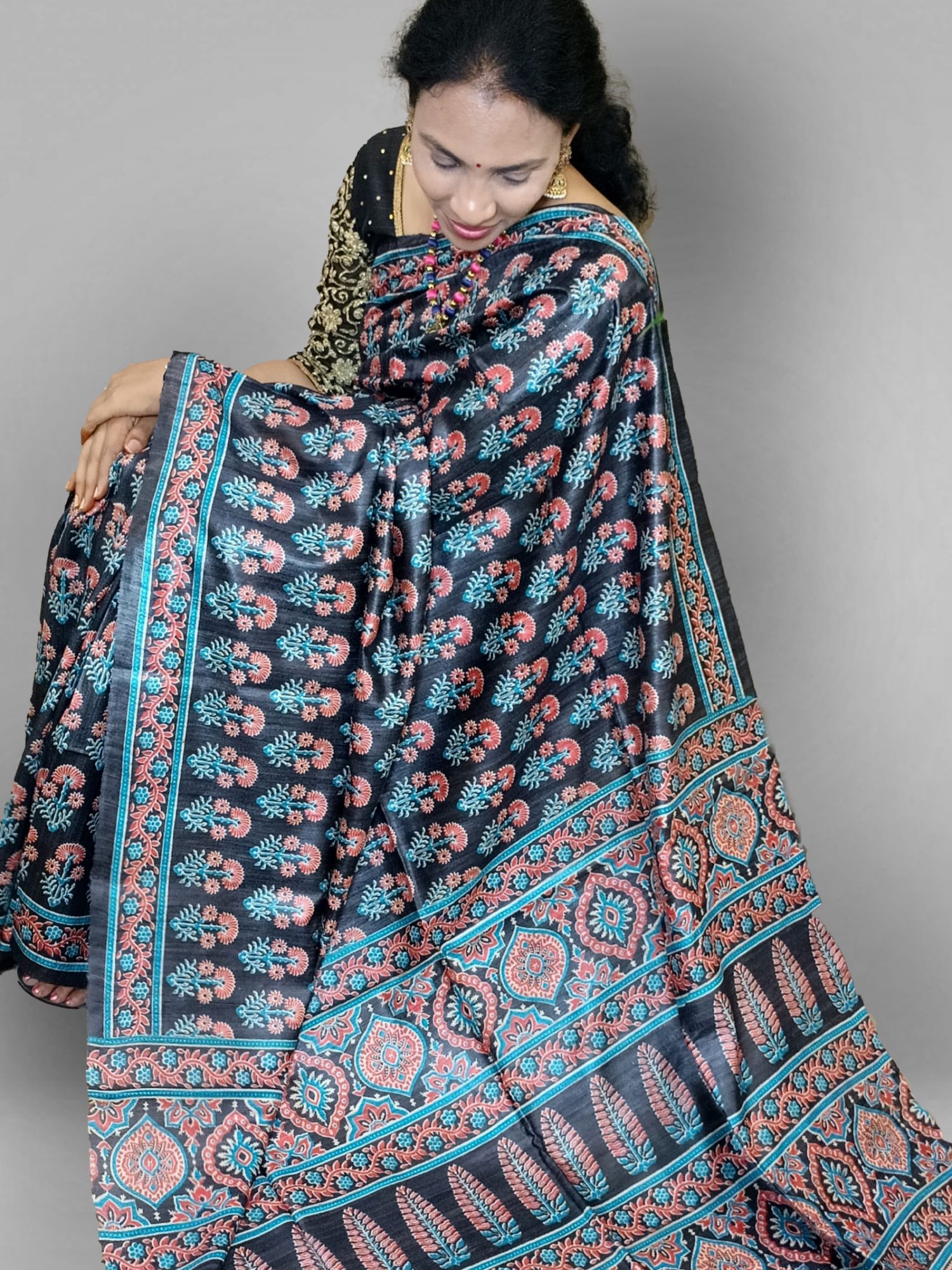 Kalamkari print tussar gihcha silk saree