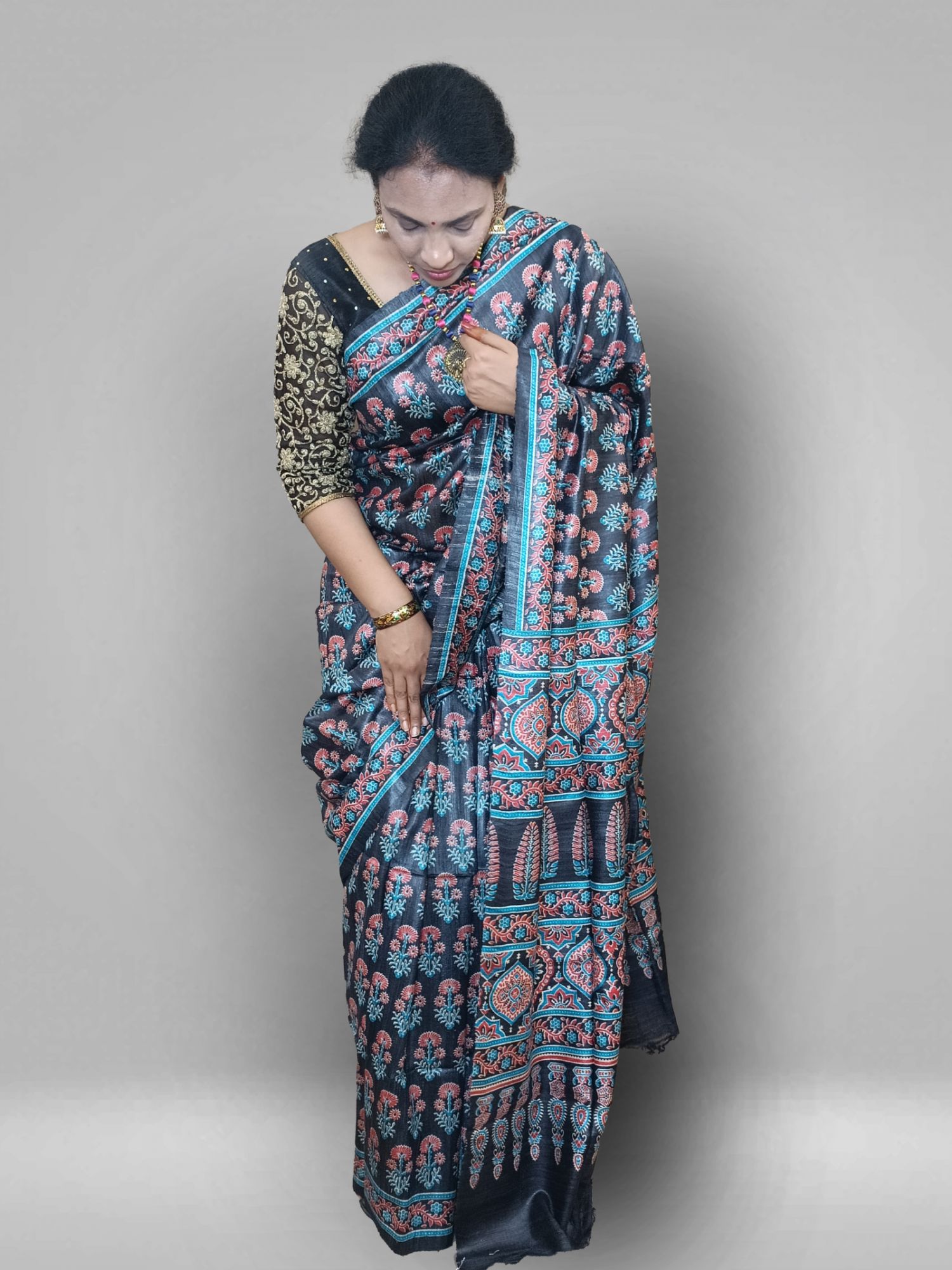 Kalamkari print tussar gihcha silk saree