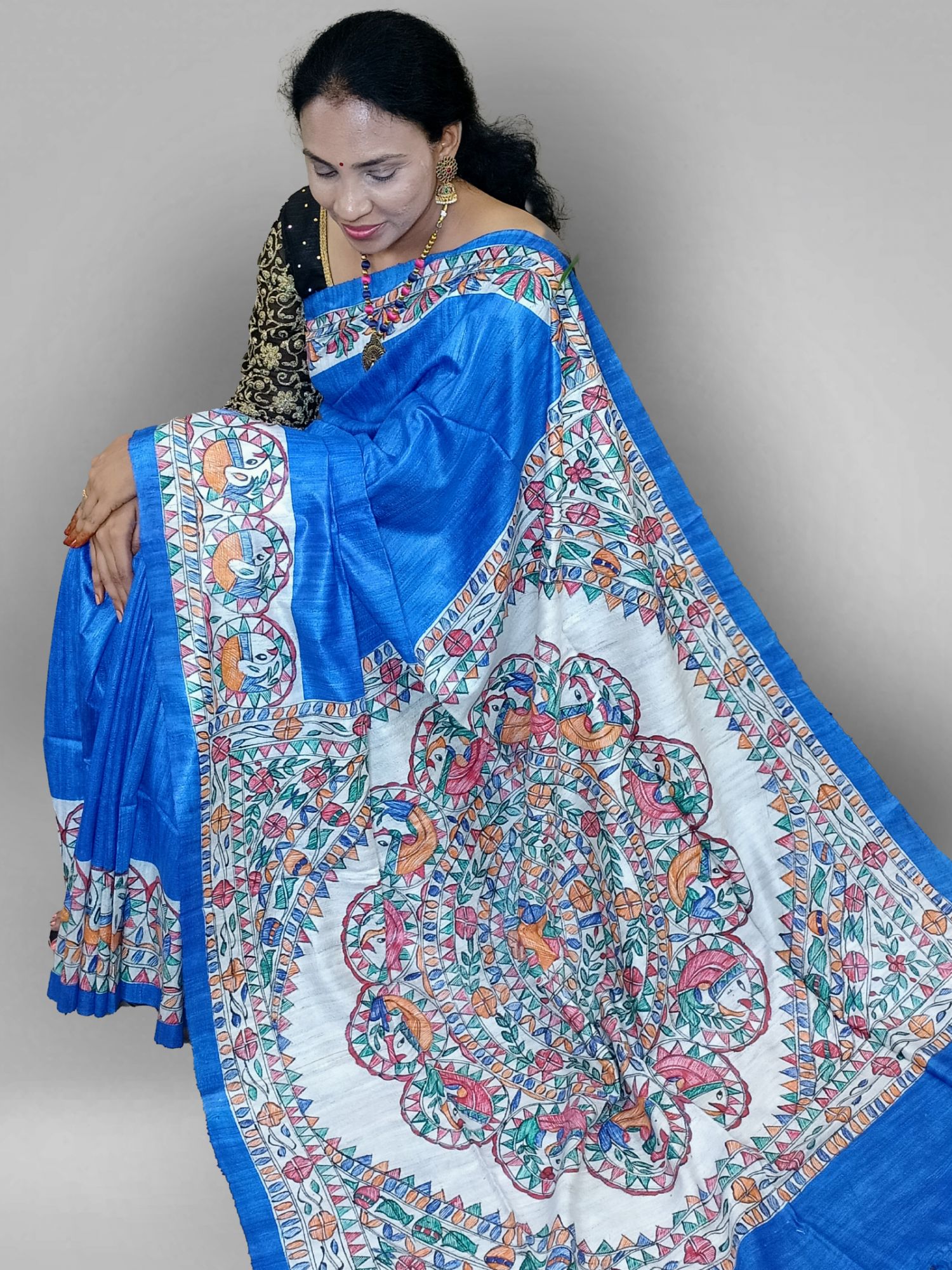 Madhubhani hand painted tussar gihcha silk saree