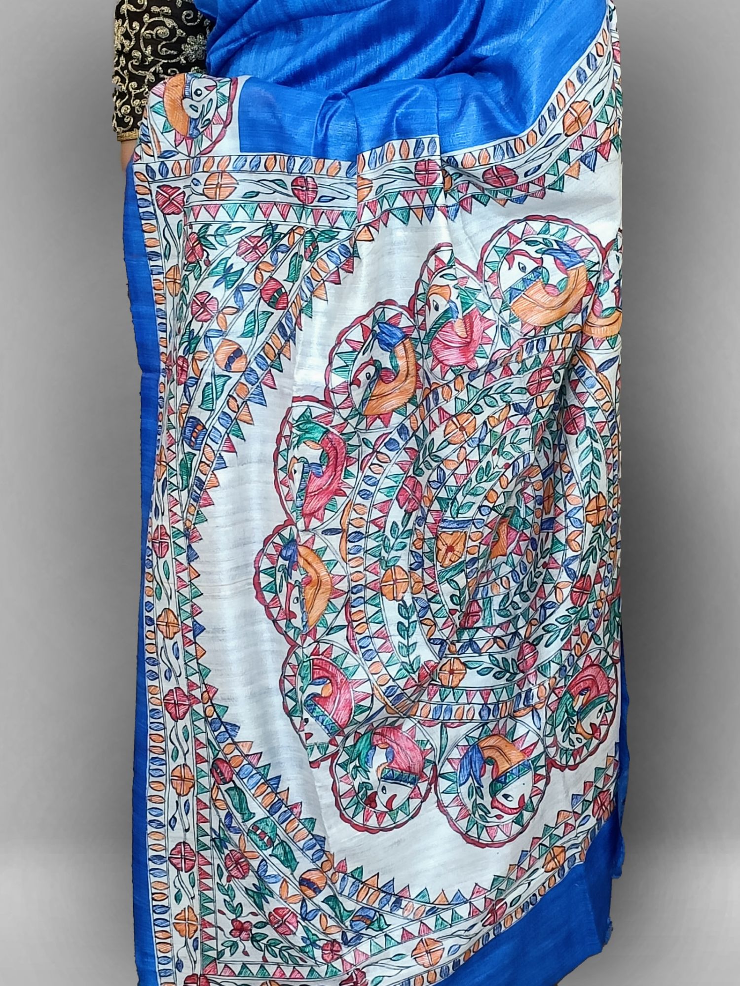 Madhubhani hand painted tussar gihcha silk saree