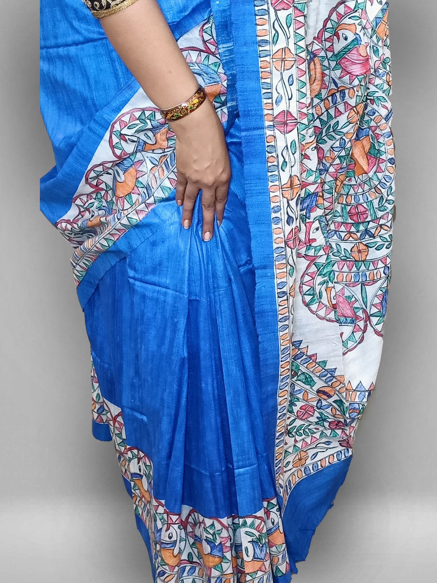 Madhubhani hand painted tussar gihcha silk saree