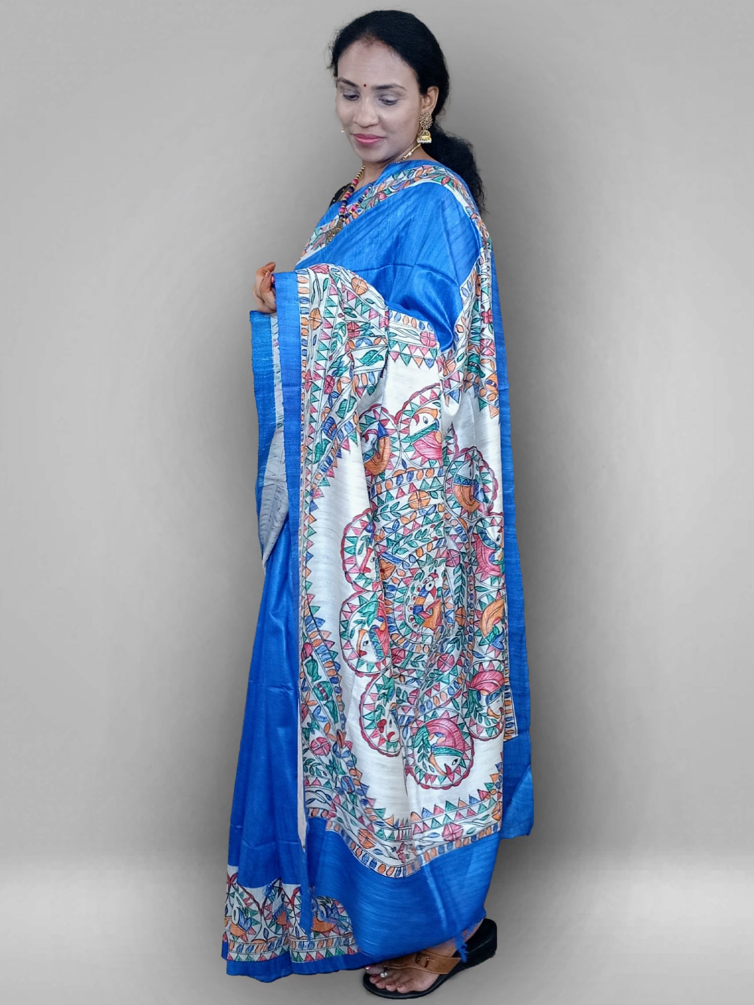 Madhubhani hand painted tussar gihcha silk saree