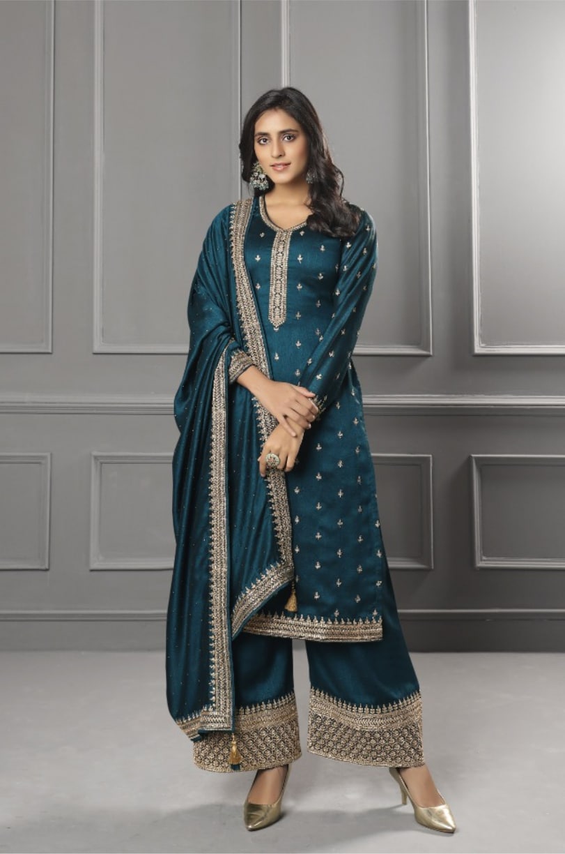 peacock blue dola silk suit set
