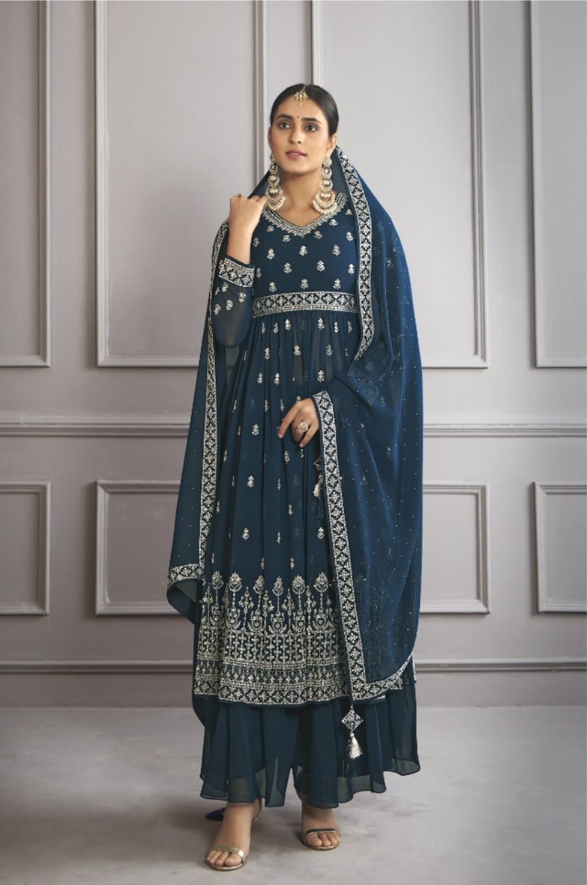 Peacock blue georgette Naira cut suit set