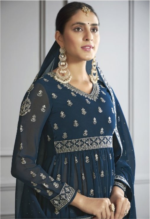 Peacock blue georgette Naira cut suit set