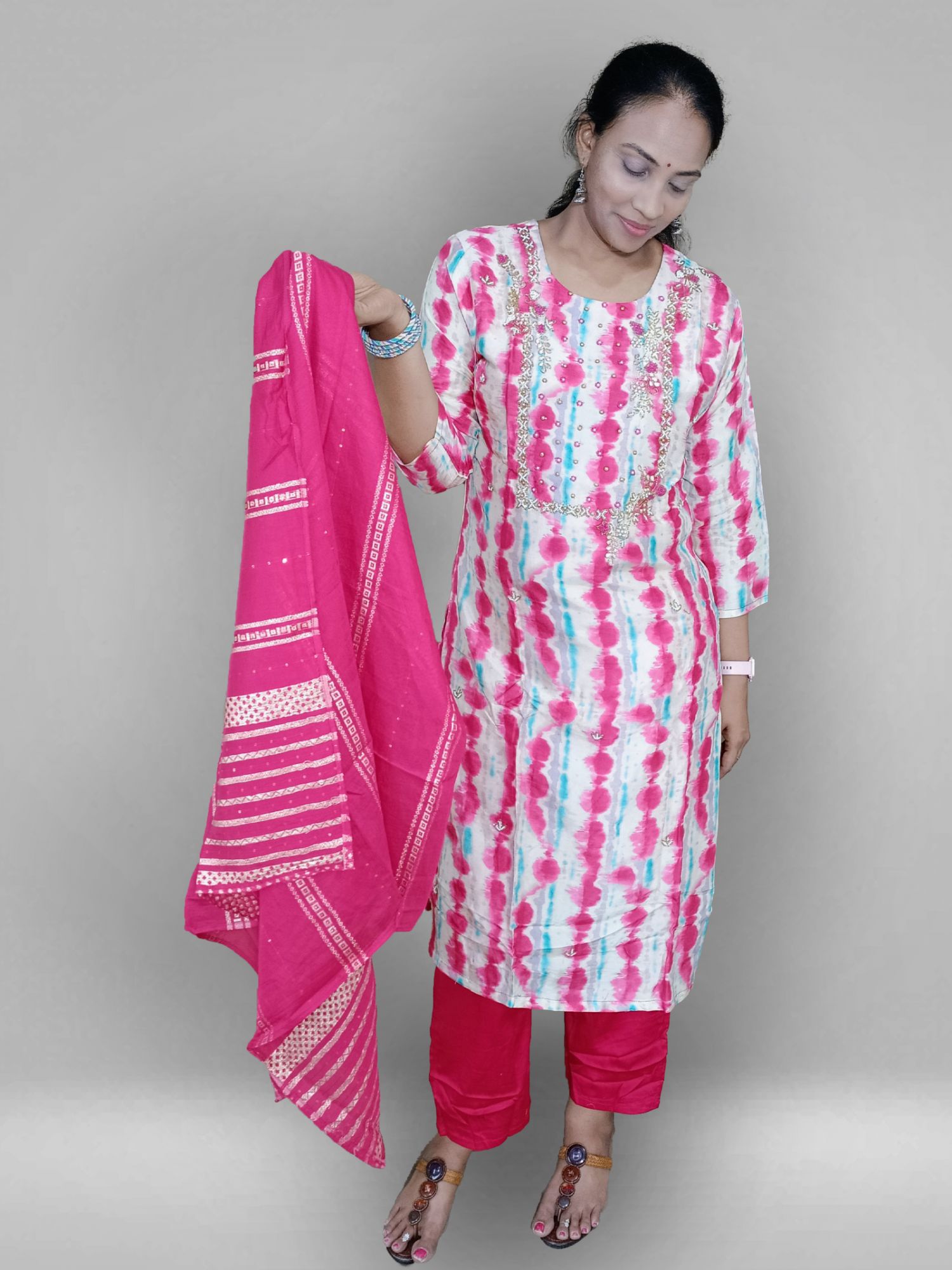 Pink printed dola silk suit set