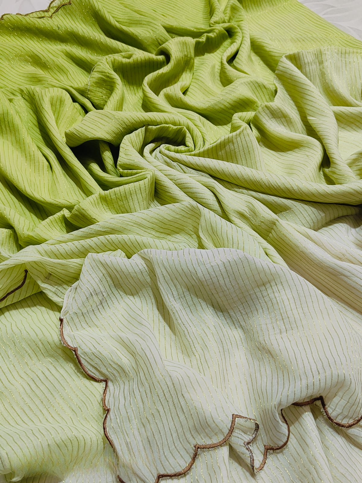 Mul cotton saree with Zari stripes and scalloped edges